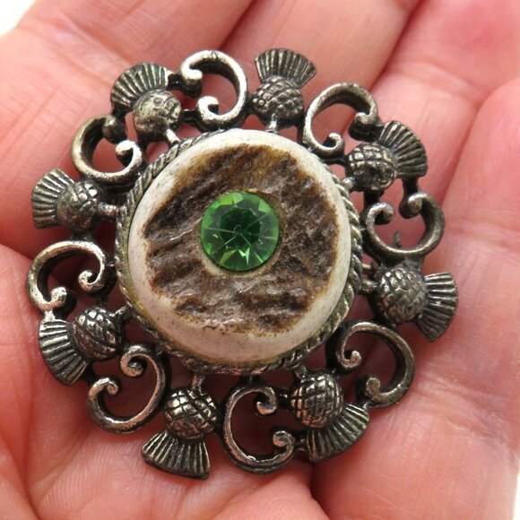 Vintage Deer Antler Brooch Green Gem Silver Tone 1.5" Ornate Metalwork - Picture 9 of 9